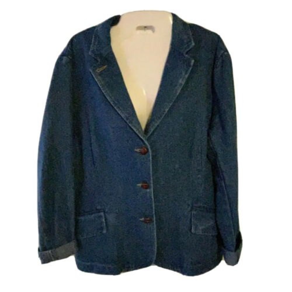 VTG Liz Claiborne Emma James Jean Jacket 14P Petite Blue Denim Cotton Blazer